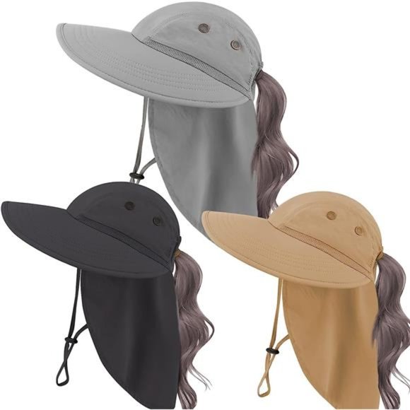 Women's Sun Hat with Neck Flap, Wide Brim Foldable Ponytail Hole 3pcs